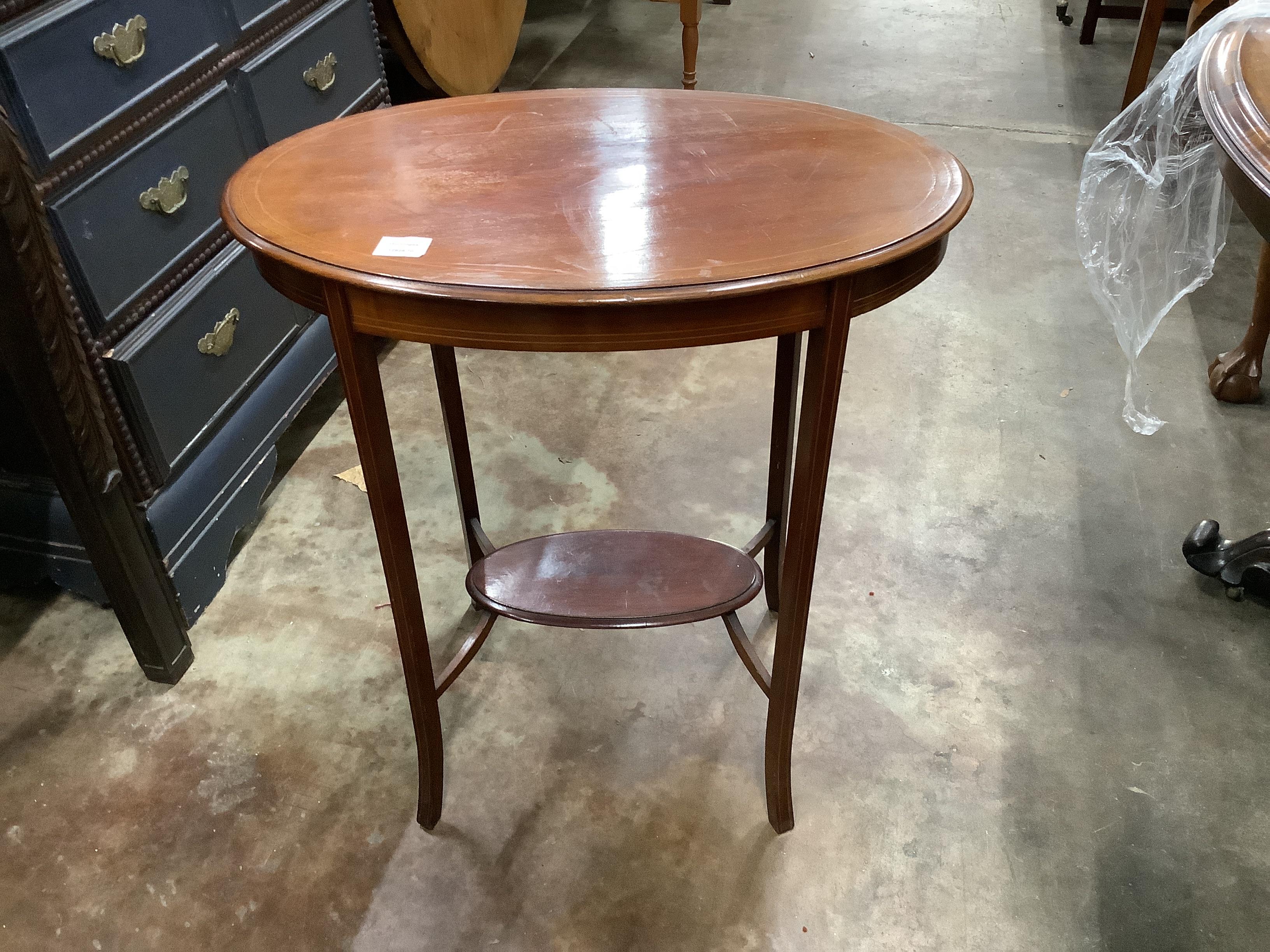 An Edwardian inlaid mahogany piano stool, width 54cm, height 72cm together with an Edwardian oval mahogany occasional table